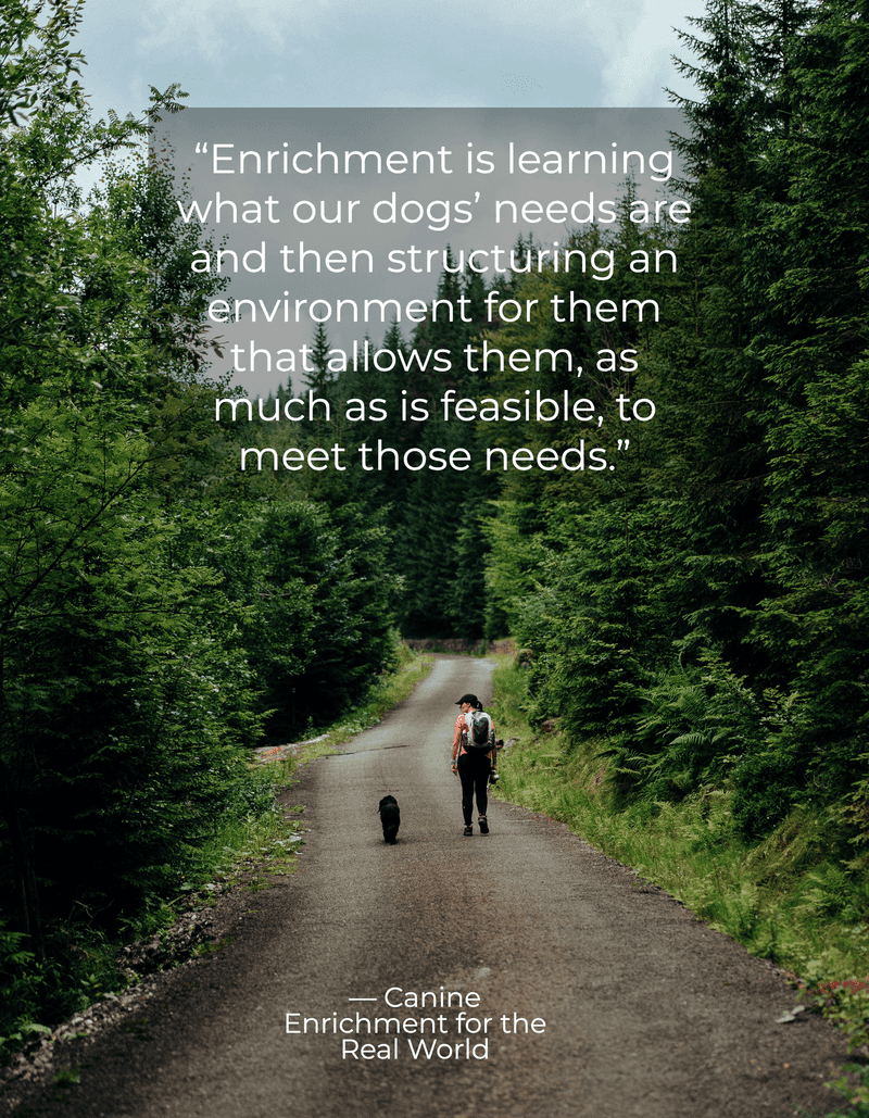A quote from the book Canine Enrichment for the Real World overlaid over a woman hiking with her dog
