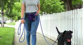 Woman walking a dog on a loose leash