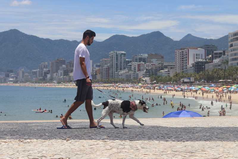Man walking dog on a busy beach